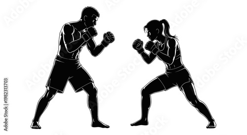 Black silhouette of man and woman boxing.