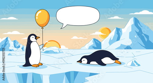 Playful penguin holding a bright yellow balloon attempts to communicate with its sleeping companion on the icy plains of Antarctica.