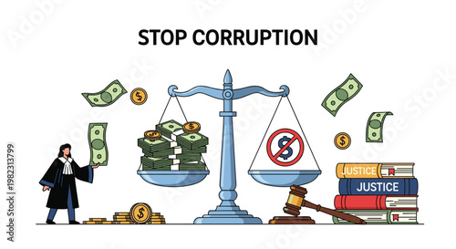 Symbolic illustration depicts the scales of justice weighing stacks of money against a prohibition sign to represent fighting corruption.