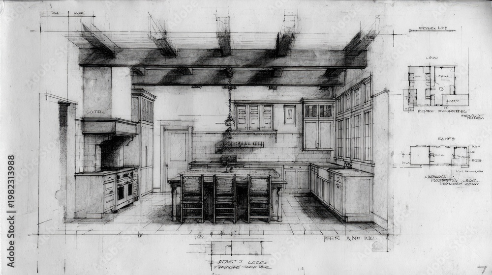 Obraz premium Architectural perspective drawing depicts a detailed interior design for a domestic food preparation area