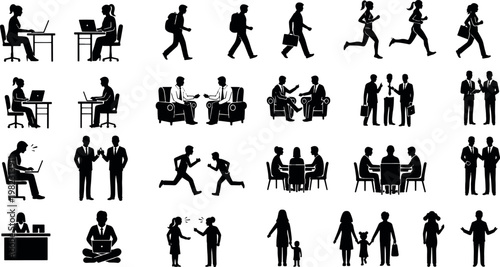 Business people and lifestyle silhouette icons set showing office work meeting family walking running and diverse daily human activities vector illustration set