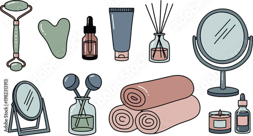 Professional beauty spa facial skin care tools and aesthetic morning wellness routine products with mirrors towels and jade rollers vector illustration doodle art and icon set