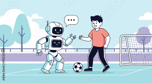 Friendly robot and a young boy enjoy a game of soccer together on a bright blue outdoor sports pitch under a clear summer sky.