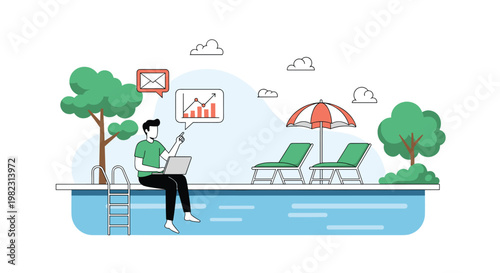 Productive man enjoys the digital nomad lifestyle while working on his laptop at the edge of a swimming pool with lounge chairs nearby.