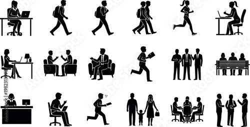 Daily human activities and lifestyle people icons featuring business work social life family and exercise stick figure silhouette vector illustration set