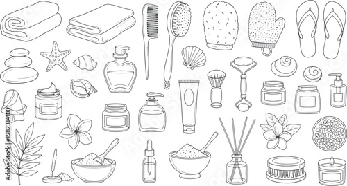 Collection of hand drawn organic beauty spa wellness skin care bathroom products and self care elements vector illustration doodle art and icon set