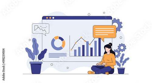 Dedicated female analyst sits on the floor while using her laptop to review complex business data visualizations on a large dashboard.