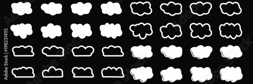 Black and white set of various geometric shapes and symbols black background, white geometric shapes