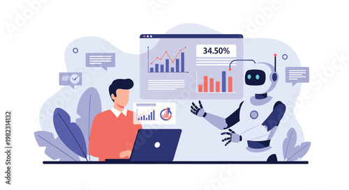 Human professional and an intelligent robot collaborate effectively to monitor real-time data analytics on a large digital screen.