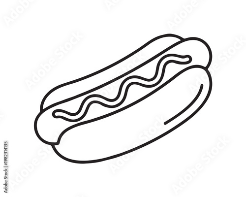 Minimalist black outline hot dog drawing, bun with sausage and wavy condiment line, simple food icon, vector illustration, transparent background