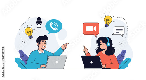 Two colleagues utilize digital communication tools and laptops to share creative ideas and discuss project details remotely.