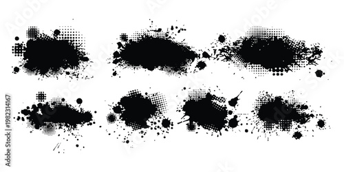 A collection of seven black ink splatters with halftone dot patterns isolated on a white background