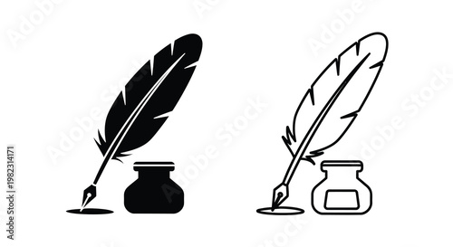 Two quill pens with inkwells shown in contrasting black and white styles