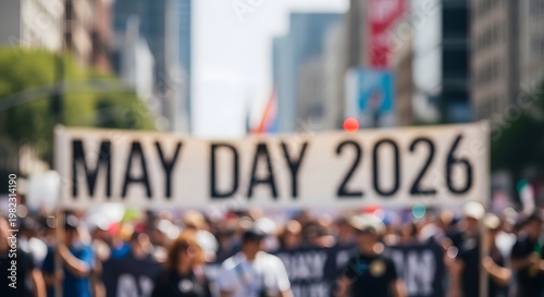 May day 2026 protest banner held by large crowd on urban city street