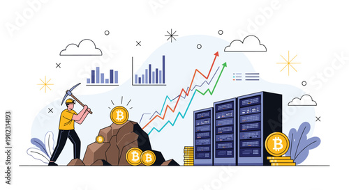 Determined miner uses a pickaxe to extract bitcoins from a rock formation next to high-tech server racks and upward growth charts.