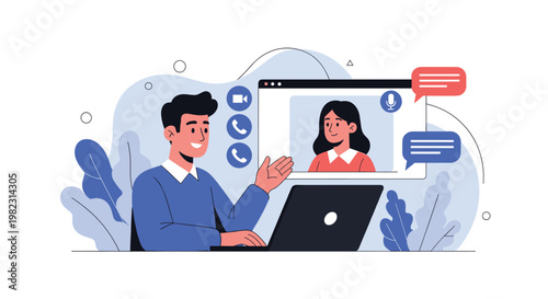 Male professional conducts a virtual meeting via laptop with a female business partner displayed within a modern video call interface.