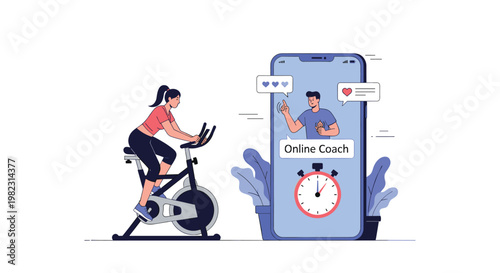 Healthy woman exercises on a stationary bike while following a workout routine from an online fitness coach on a giant smartphone.