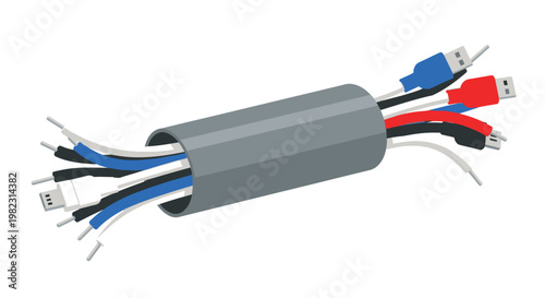 A colorful cable with multiple USB connectors and wires exposed