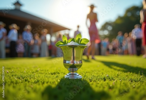 Silver Mint Julep Cup Summer Horse Racing Event Bright Green Garnish Elegant Horsemen Fashion