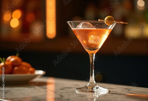 Sleek Upscale Counter Displaying Elegant Martini Olive Garnish Sophisticated Lounge Setting