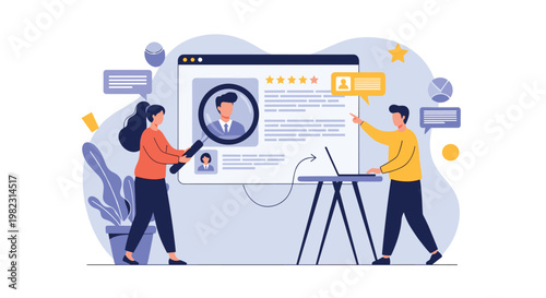 Human resources team uses a magnifying glass and a laptop to review a digital professional profile during the recruitment process.