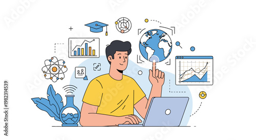 Curious man explores global data and scientific concepts through a laptop while interacting with interactive educational icons.
