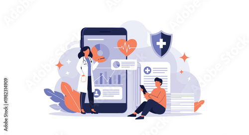 Healthcare professional and a patient review medical records and data visualizations on a large smartphone for digital wellness.