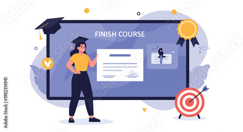 Accomplished student wearing a graduation cap stands proudly in front of a screen confirming the successful completion of a course.