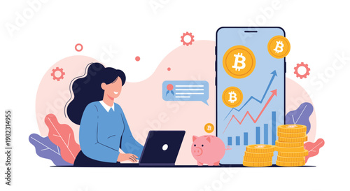 Businesswoman using laptop for cryptocurrency trading with bitcoin coins and financial growth charts on smartphone screen.