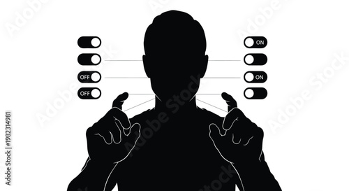 Silhouette of a person manipulating digital toggle switches in this creative black and white vector illustration