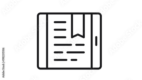 Minimalist black line vector icon of a digital tablet or e-reader with a bookmark and text lines on the screen, representing mobile reading, e-books, online education, and digital library concepts