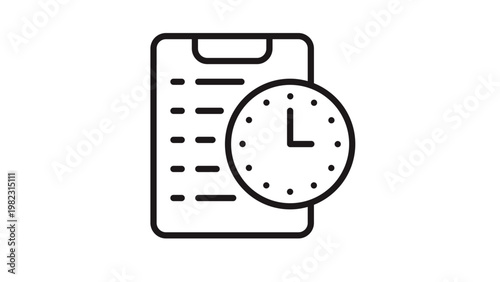 Black line vector icon illustration of a clipboard with a clock symbol, representing time management, scheduling, task planning, deadlines, and productivity on a white background.