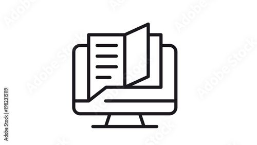 Minimalist black line vector icon illustration of a computer monitor with an open book on the screen, symbolizing e-learning, digital reading, online education, and electronic library concepts.