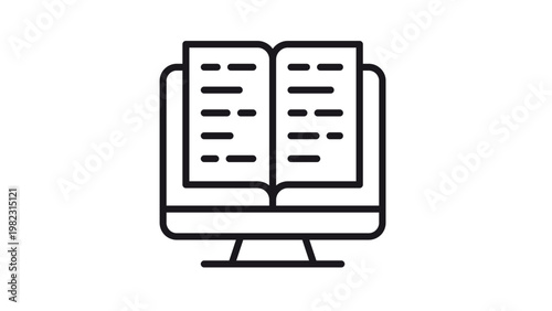 Minimalist black vector icon of an open book on a desktop computer monitor screen, symbolizing e-learning, digital library, online education, electronic reading, and web-based study resources.