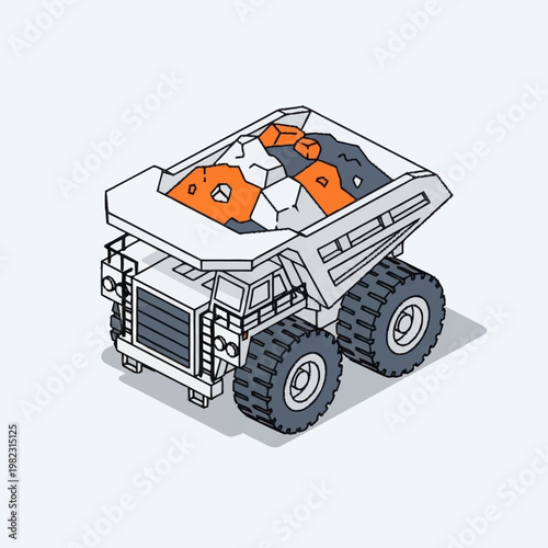 Heavy duty mining dump truck loaded with ore and rocks isometric illustration.