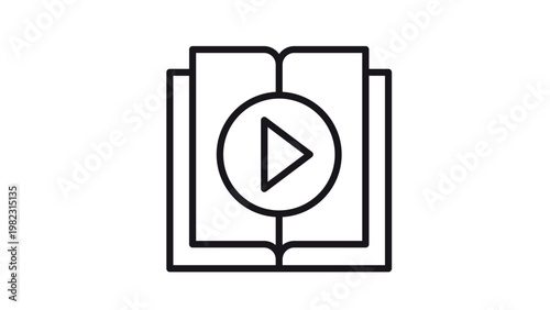 Minimalist black vector line icon of an open book with a play button symbol in the center, representing online learning, digital education, video tutorials, e-books, and multimedia training.