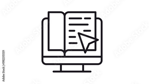 Online education and e-learning vector icon illustration featuring an open book on a computer monitor screen with a mouse cursor, representing digital learning, web courses, and virtual library.