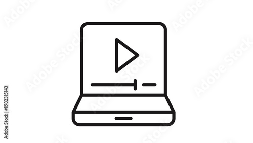 Minimalist black line vector icon of a laptop computer with a play button and progress bar on the screen, representing online video streaming, digital media playback, and e-learning concepts.