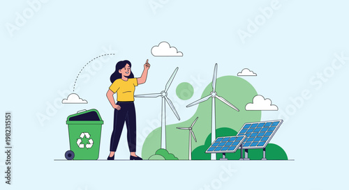 Environmentally conscious woman standing near a recycling bin with wind turbines and solar panels for sustainable energy.