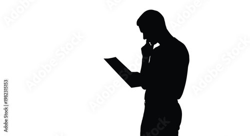 Thoughtful man holds a document while examining the contents in this clean black vector graphic illustration