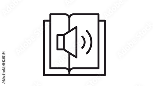 Audiobook vector icon illustration featuring an open book with a speaker symbol, representing digital reading, e-learning, and audio literature in a clean minimalist black line art style.