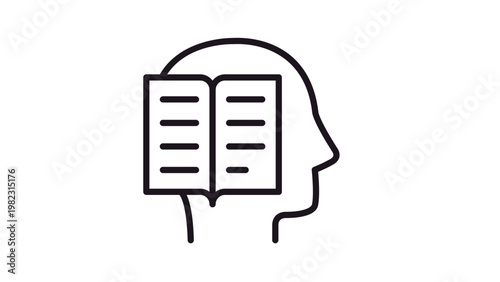 Photos Vector icon illustration of a human head profile with an open book inside, symbolizing learning, education, knowledge, intelligence, and reading, minimalist black line art on white background