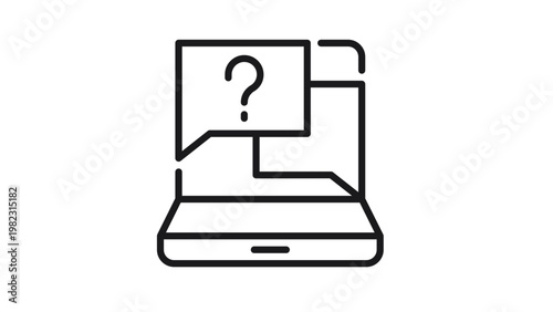 Minimalist black line art vector icon illustration of a laptop computer with a speech bubble and question mark, representing online customer support, technical assistance, FAQ, and digital help.