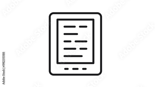 Minimalist black line art vector icon of an e-reader or digital tablet device with text on screen and navigation buttons, perfect for electronic reading and technology concepts illustration.