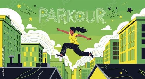 Active girl performing a parkour jump between high city buildings under a green sky with clouds and bright yellow stars.