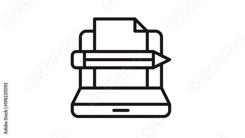 Minimalist black vector icon of a laptop with a document and pencil, representing digital writing, blogging, copywriting, online education, and content creation, isolated on white background.
