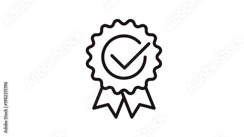Foto Black minimalist vector icon illustration of a quality guarantee badge with a checkmark and ribbons, symbolizing certification, approval, success, and premium standard for business use