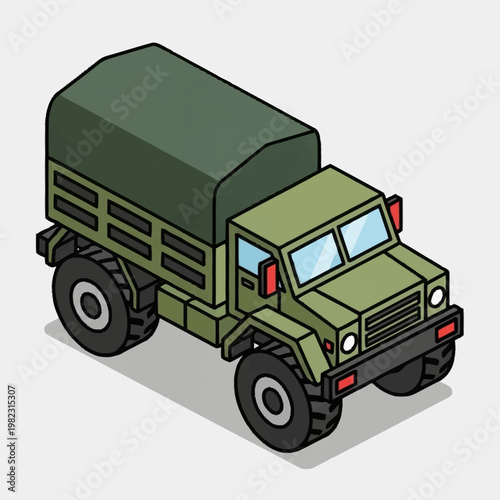 Green military truck isometric illustration with canvas top.
