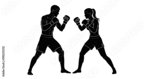 Silhouette of man and woman boxing.