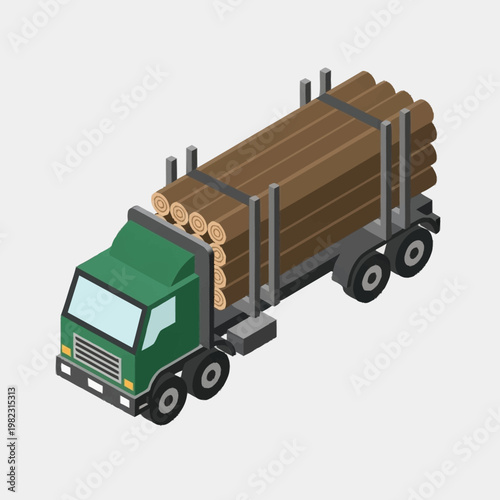Green Truck Carrying Stacked Wooden Logs on Flatbed.